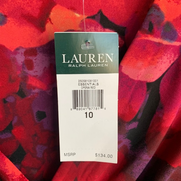 Lauren Ralph Lauren Opera Red Floral Ruched Dress Sz.10 V- neck Cross Over Knit - Picture 14 of 15